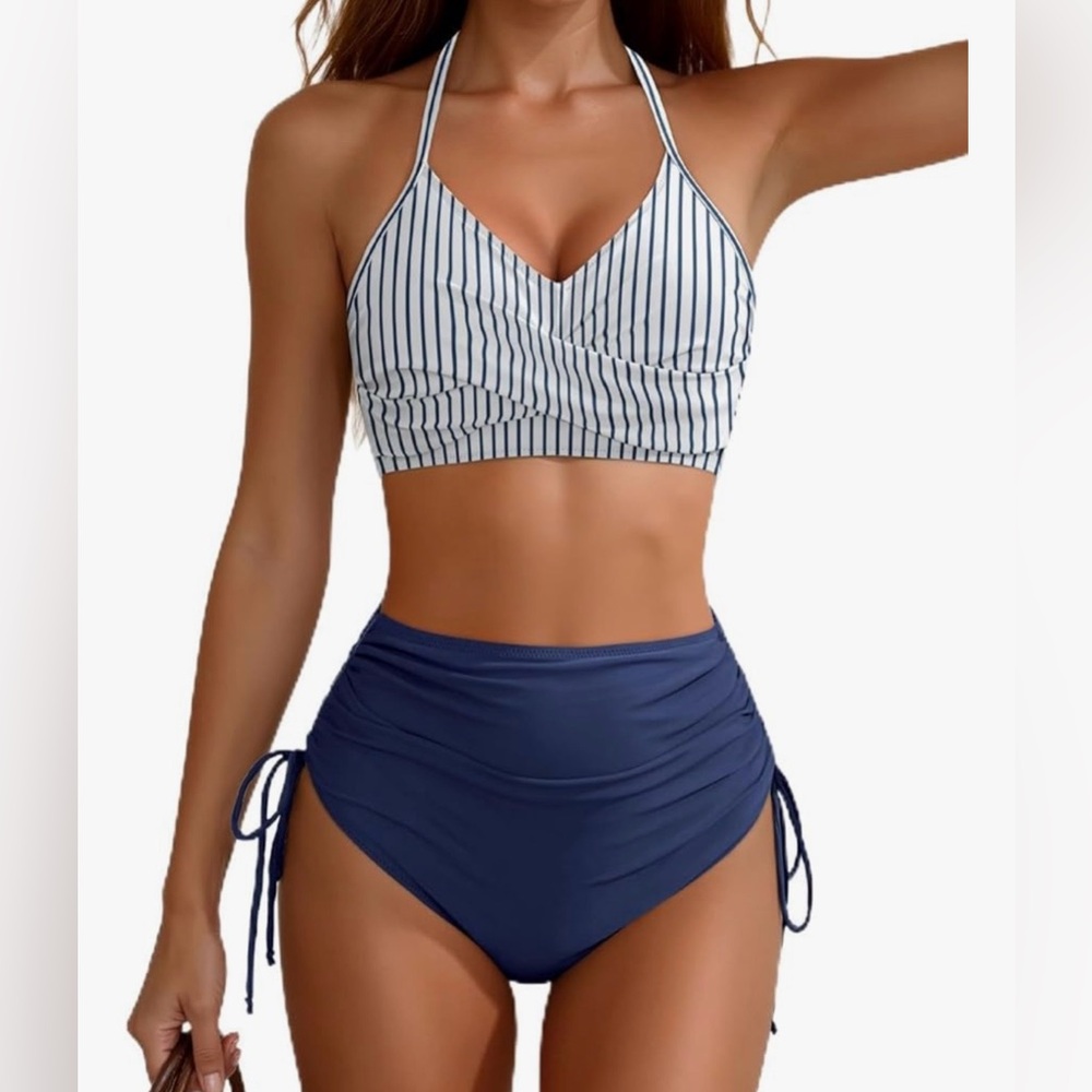 Navy and White Striped Bikini Set